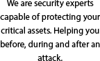 We are security experts capable of protecting your critical assets. Helping you before, during and after an attack.